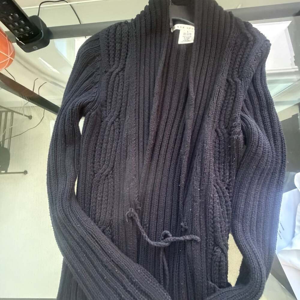 Max Studio Black Cotton Cable Knit Open Front Cardigan Sweater